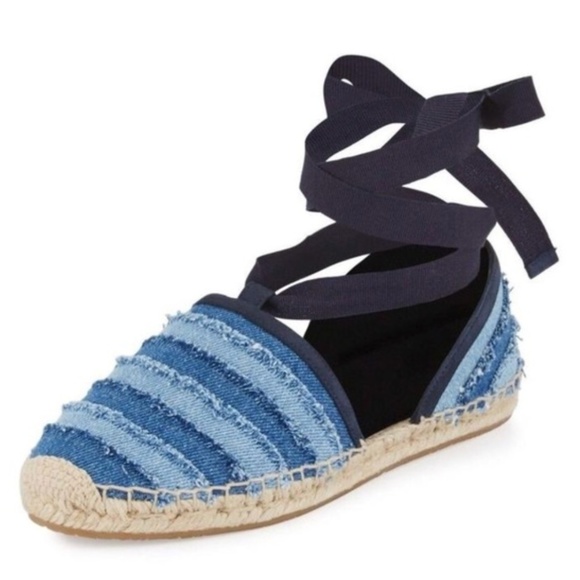 NWT JIMMY CHOO DENIM STRIPE WRAP ESPADRILLE 6.5 - Picture 1 of 8